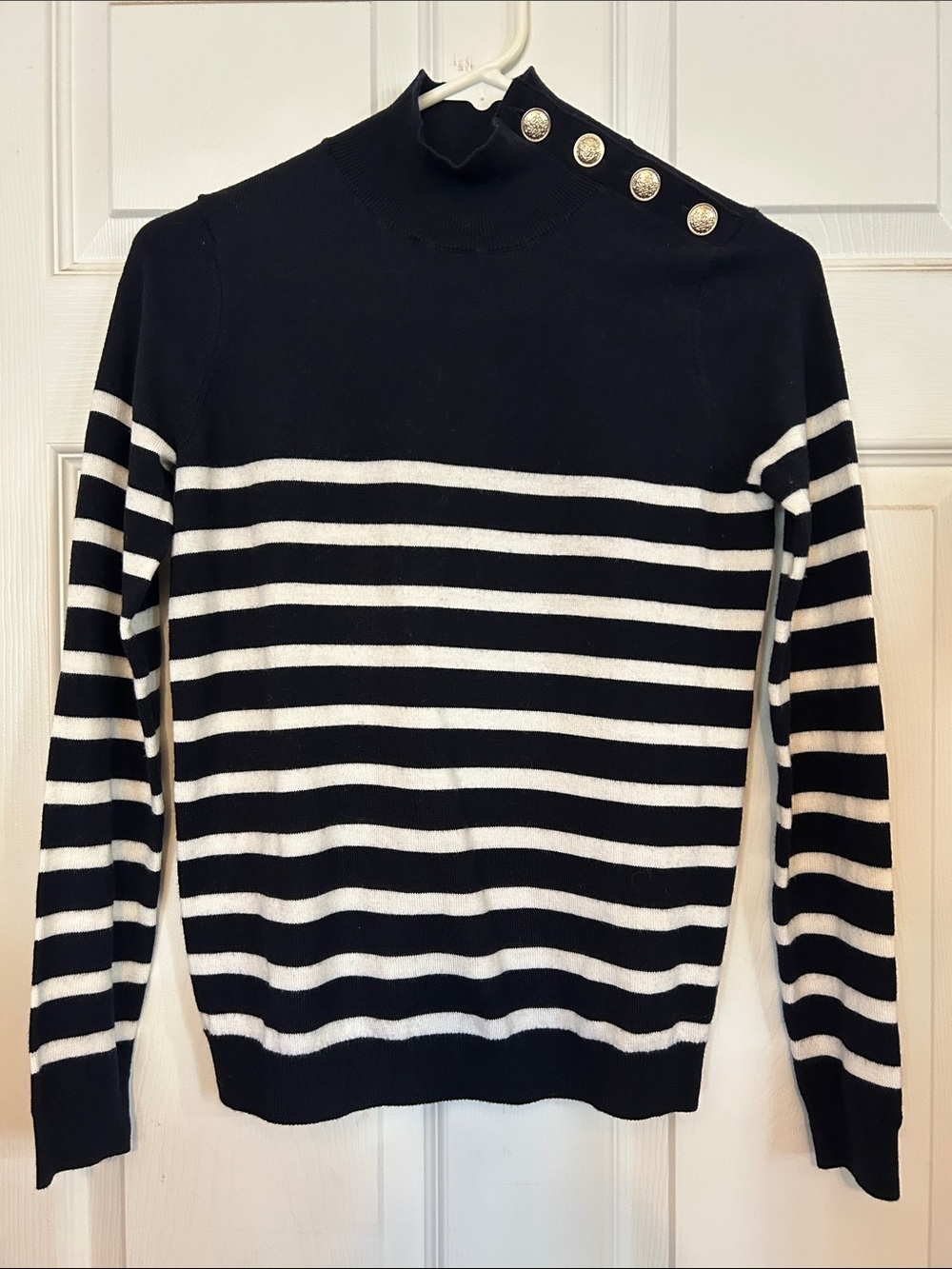Sezane Striped Sweater with Shoulder Buttons Smock neck